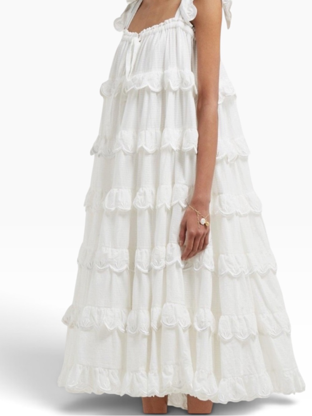 Innika Choo Iva Bigress White Tiered Ruffle Embroidered Maxi Dress 1(XS-S)